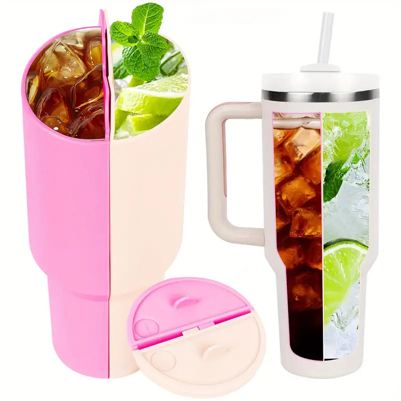 2-in-1 Silicone Drink Divider & Spill Stopper for 40oz Stanley Cups - Reusable, Fits Hot & Cold Beverages - White & Green